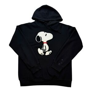 Peanuts Snoopy Crochet Applique Hoodie Women's Medium Black Kangaroo Pocket Pics